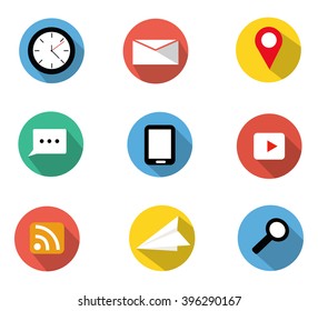 Flat icons set contain clock,e-mail,location,chat,smart-phone,video clips,rss feed,paper 