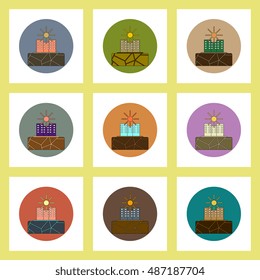 flat icons set of cracked earth and buildings concept on colorful circles