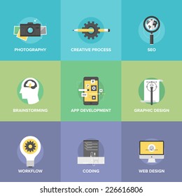 Flat icons set of creative design process and mobile application development, brainstorming workflow, website coding, search engine symbol. Flat design style modern vector illustration concept.