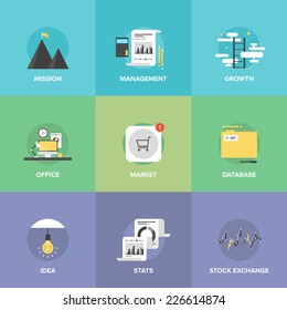 Flat icons set of creative office workplace, app store market sales, business management, success mission and growth ladder, stock exchange statistics. Flat design modern vector illustration concept.