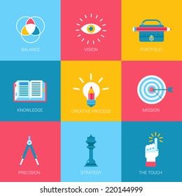 Flat icons set creative portfolio design digital art web click infographics style vector illustration concept collection