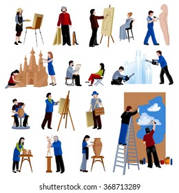 Flat icons set of creative profession people like artist painter sculptor ceramist street art isolated vector illustration