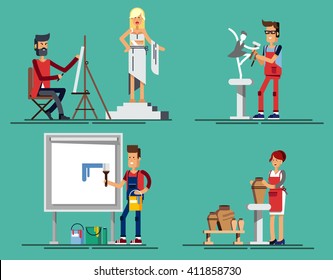 Flat Icons Set Of Creative Profession People Like Artist Painter Sculptor Ceramist Street Art. Artist Draws From Nature. Sculptor Carve The Statue. Creative People