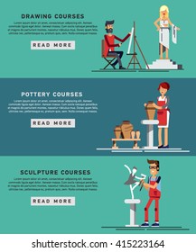 Flat icons set of creative profession people like artist painter sculptor ceramist street art. Flyers or for art courses, pottery, drawing, painting.