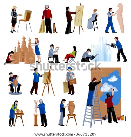 Flat icons set of creative profession people like artist painter sculptor ceramist street art isolated vector illustration