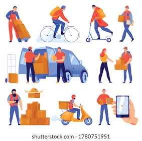 Flat icons set with delivery service men delivering parcels by car scooter bike drone isolated vector illustration