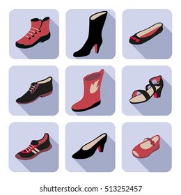 Flat icons set with different types of women's, men's, children's and unisex shoes