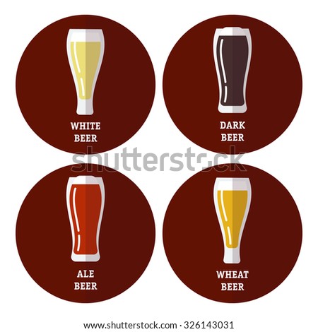 Flat icons set of different types of beer, lager, white, dark, ale. Fully editable vector illustration. Perfect for restaurants and pubs posters and informational stickers.