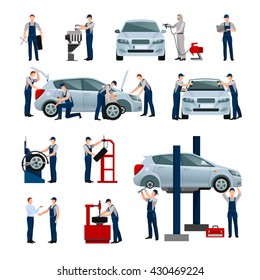 Flat icons set of different workers in car and tire service doing their work isolated vector illustration