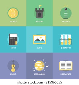 Flat icons set of education main subjects, schooling symbol and learning elements, studying and educational objects. Flat design style modern vector illustration concept.