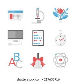 Flat icons set of elementary education items, online learning and study, educational research elements. Flat design style modern vector illustration concept. Isolated on white background.