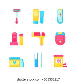 Flat icons set of epilation or hair removal. Bottle of wax, sugar paste, scissors, wax strips, shaving razor, eyebrow tweezers, epilator. Vector illustration on white background