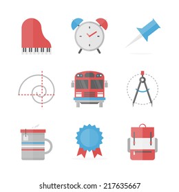 Flat icons set of everyday school object, studying theory and practice, learning new disciplines and education study. Flat design style modern vector illustration concept. Isolated on white background