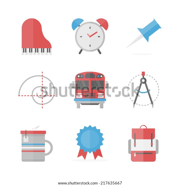 Flat icons set of everyday school object,\
studying theory and practice, learning new disciplines and\
education study. Flat design style modern vector illustration\
concept. Isolated on white\
background