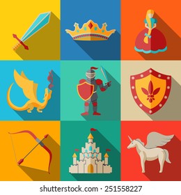 Flat Icons Set - Fairytale (game) - Sword, Bow, Shield, Knight, Dragon, Princess, Crown, Unicorn, Castle. Vector