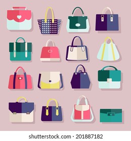 Flat icons set of fashion bags collection of Women and men handbags