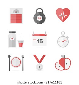 Flat icons set of fitness dieting, weight loss activity, wellness and healthcare, healthy food eating. Flat design style modern vector illustration concept. Isolated on white background.