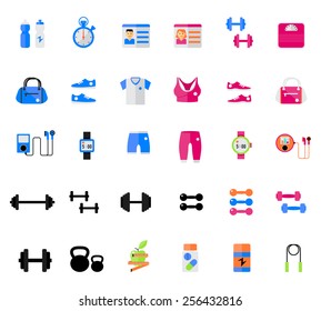 Flat icons set of fitness, sport and healthy lifestyle: exercise, diet, food, supplements, well-being, human body. Modern design style vector symbol collection. Isolated on white background.