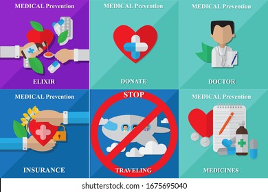 Flat Icons Set For: Medical Prevention, Coronavirus, Doctor, Elixir, Medical Donate, Medicines, Medical Insurance And Stop Traveling Sign. Vector Illustration Of Medical Prevention Signs