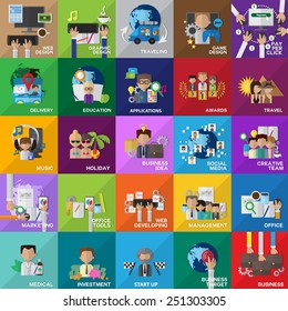 Flat Icons Set For: Web Design, Social Media, Marketing, Management, Game Design, Office, Social Network - Isolated On Background - Vector Illustration, Graphic Design, Editable For Your Design   