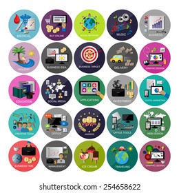 Flat Icons Set For: Web Design, Social Media, Digital Marketing, Management, Office tools, Social Network - Isolated On Background - Vector Illustration, Graphic Design, Editable For Your Design