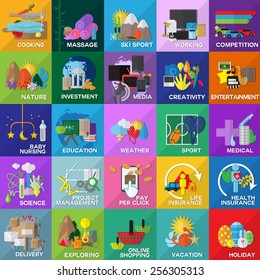 Flat Icons Set For: Web, Investment, Health, Sport, Vacation, Baby Nursing, Spa, Project Management, Creativity, Media - On Mosaic Background, Vector Illustration, Graphic Design