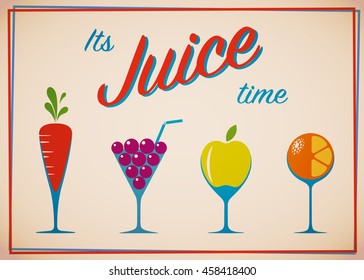 Flat icons set of fruits in the wine glasses. Fresh juice logo with carrot, apple, grape and orange in wine glasses.