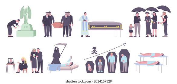 Flat icons set with funeral dead people in mortuary mourning relatives character of death isolated vector illustration