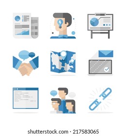 Flat icons set of global business people communication, success ideas presentation and partnership agreement. Flat design style modern vector illustration concept. Isolated on white background.