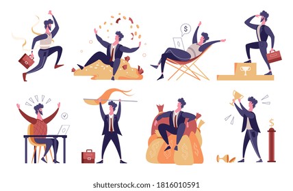 Flat icons set with happy successful winner businessmen isolated vector illustration