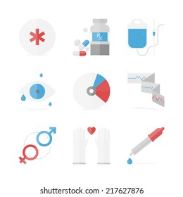 Flat icons set of healthcare and medicine service, medication pills and drugs recipe, clinical records and eye care. Flat design style modern illustration vector concept. Isolated on white background.