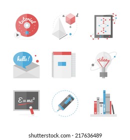 Flat icons set of high school and college education, online learning and distance study, new ideas and research innovations. Flat design style modern vector illustration concept. 