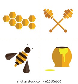 Flat icons set for honey business / with honeycombs, bees, honey potty and honey spoons / isolated vector illustration on white background