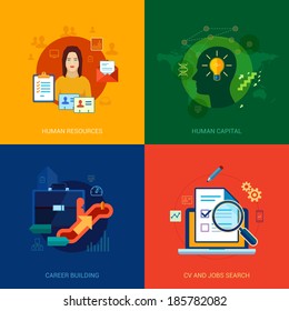 Flat icons set for human resources, personal, career building, CV, job search, vacancy, interview, hire or contract positions.