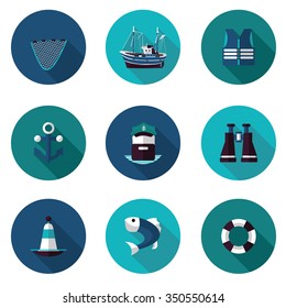 flat icons set of industrial fishing