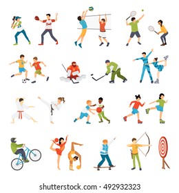 Flat icons set of kids doing different types of sports from football to archery isolated vector illustration