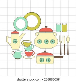 Flat icons set of kitchen collection of cookware,  kitchenware equipment. Modern design style vector illustration.