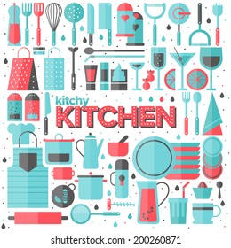 Flat icons set of kitchen utensil and collection of cookware, cooking tools and kitchenware equipment, serve meals and food preparation elements. Modern design style vector illustration poster concept