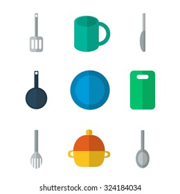 Flat icons set of kitchen utensil and collection of cookware, cooking tools and kitchenware equipment, serve meals and food preparation elements. Modern design style vector illustration poster concept