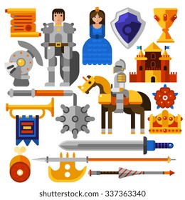 Flat icons set with knight princess castle medieval weapons and other elements isolated vector illustration