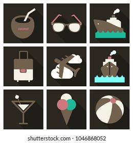 Flat icons set with long shadow effect of traveling on airplane, planning a summer vacation, tourism and journey objects and passenger luggage.