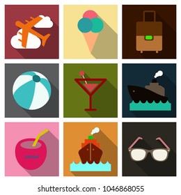 Flat icons set with long shadow effect of traveling on airplane, planning a summer vacation, tourism and journey objects and passenger luggage.
