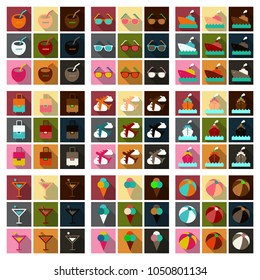Flat icons set with long shadow effect of traveling on airplane, planning a summer vacation, tourism and journey objects and passenger luggage.