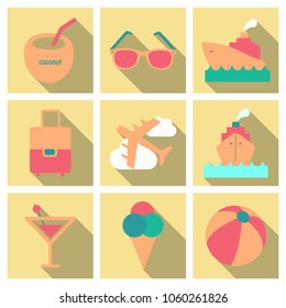 Flat icons set with long shadow effect of traveling on airplane, planning a summer vacation, tourism and journey objects and passenger luggage.