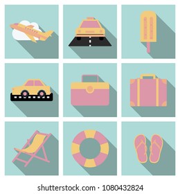Flat icons set with long shadow effect of traveling on airplane, planning a summer vacation, tourism and journey objects and passenger luggage.