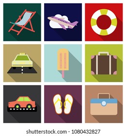 Flat icons set with long shadow effect of traveling on airplane, planning a summer vacation, tourism and journey objects and passenger luggage.