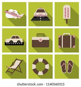 Flat icons set with long shadow effect of traveling on airplane, planning a summer vacation, tourism and journey objects and passenger luggage.