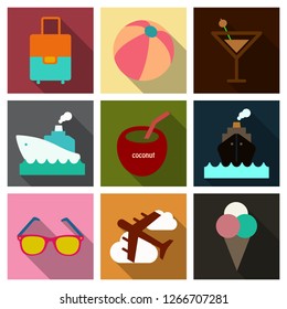 Flat icons set with long shadow effect of traveling on airplane, planning a summer vacation, tourism and journey objects and passenger luggage.