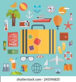 Flat Icons Set With Long Shadow Effect Of Traveling On Airplane, Planning A Summer Vacation, Tourism And Journey Objects And Passenger Luggage. Eps10