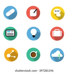 Flat Icons set with long shadow  including drug pill, note,chat,tablet,lamp,luggage,share icon ,cup of coffee,cloud computing like.icon.chat.icon.video.icon.share.icon.envelope.flat.icon.flat.icon